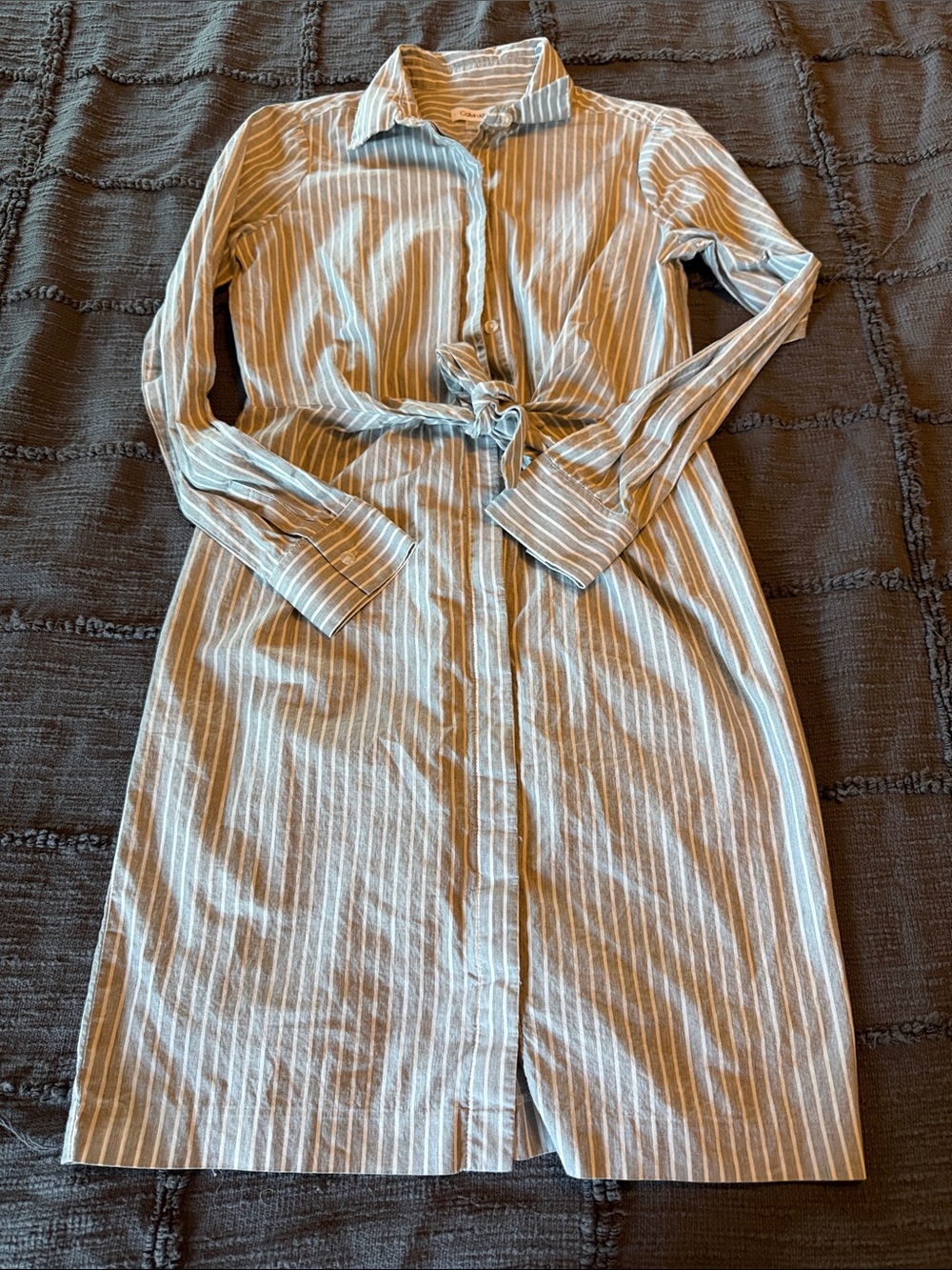 Calvin Klein Light Blue and White Striped Long-Sleeve Shirt Dress